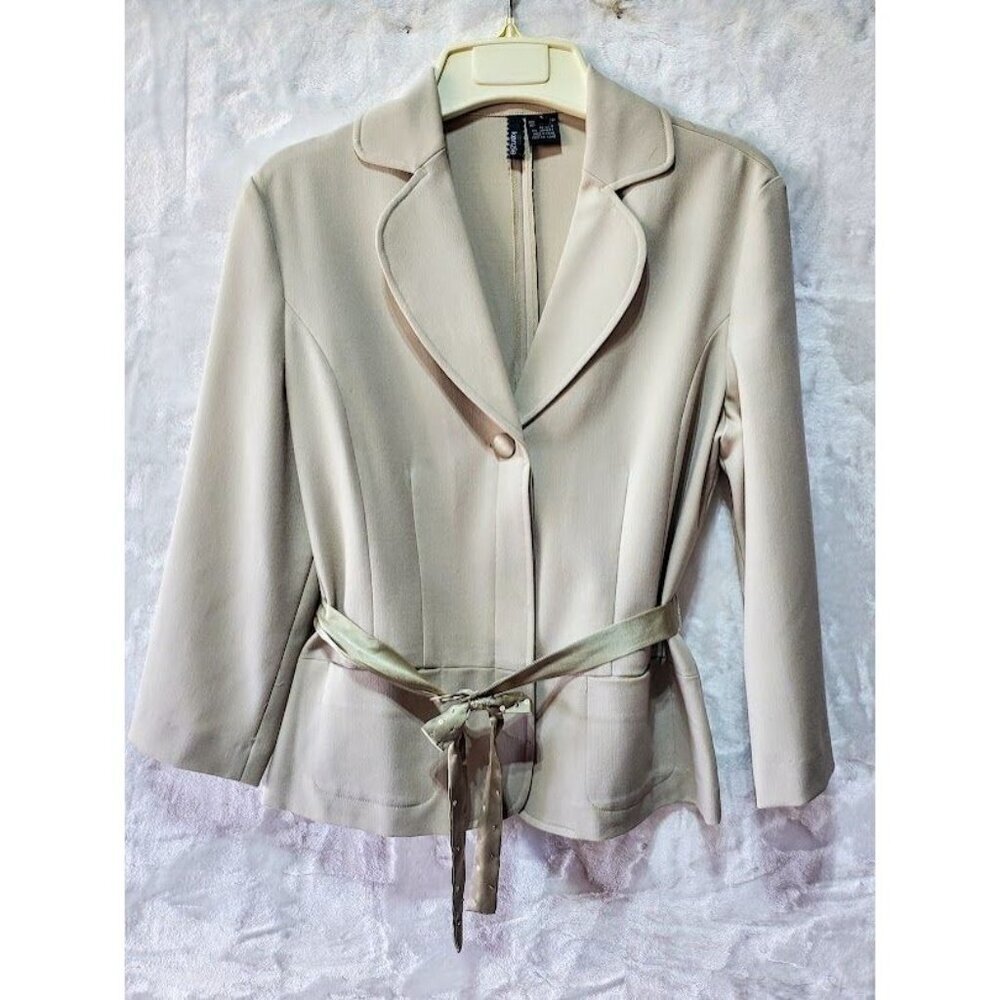 Kenzie Elegant Beige Blazer With Sequined Embellished Bow Tie Belt Women's 4